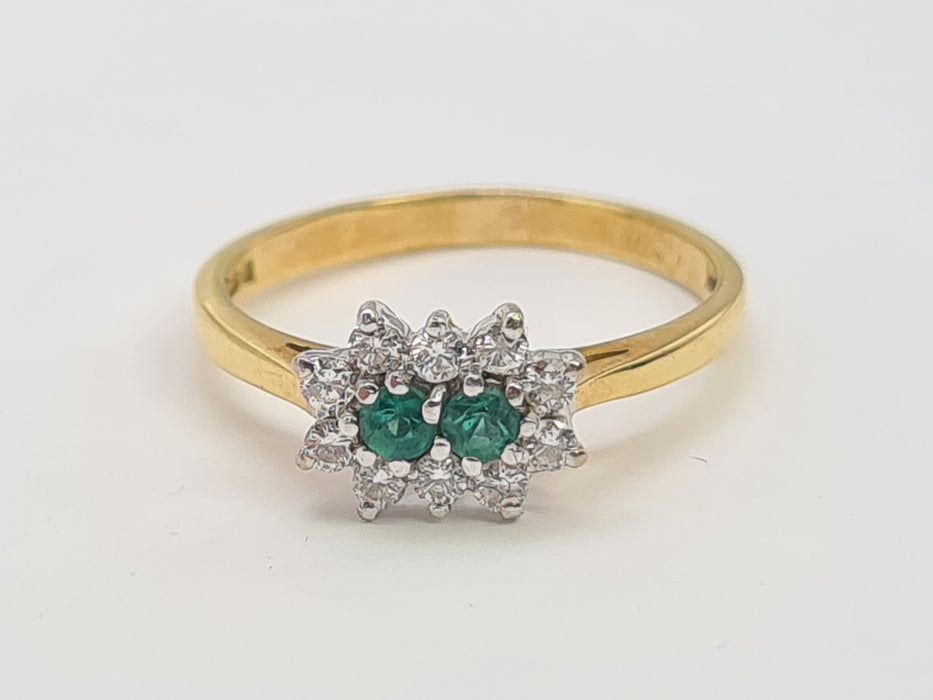 6079 Vintage: 18ct Gold Two Emeralds 10 Diamonds Dress Ring- From 1983- Rare