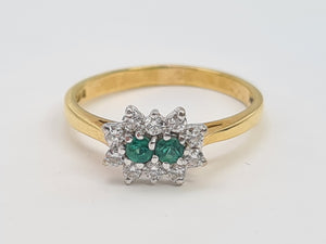 7418: Vintage (1983) Rare 18ct Gold Two Emeralds 10 Diamonds Dress Ring- lovely combination