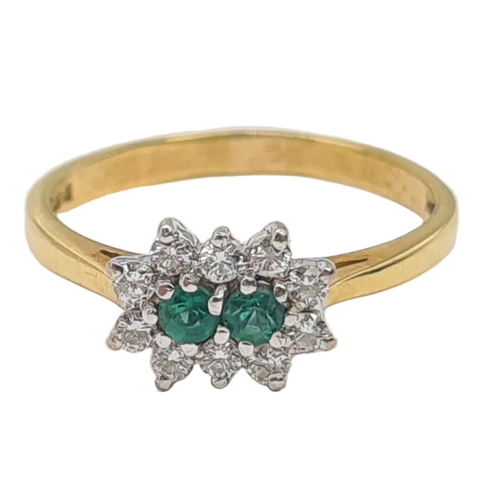 6079 Vintage: 18ct Gold Two Emeralds 10 Diamonds Dress Ring- From 1983- Rare