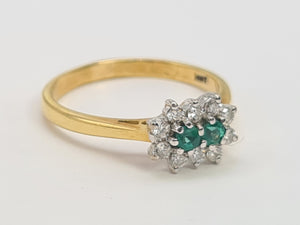 7418: Vintage (1983) Rare 18ct Gold Two Emeralds 10 Diamonds Dress Ring- lovely combination