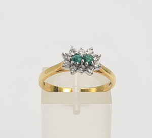 7418: Vintage (1983) Rare 18ct Gold Two Emeralds 10 Diamonds Dress Ring- lovely combination