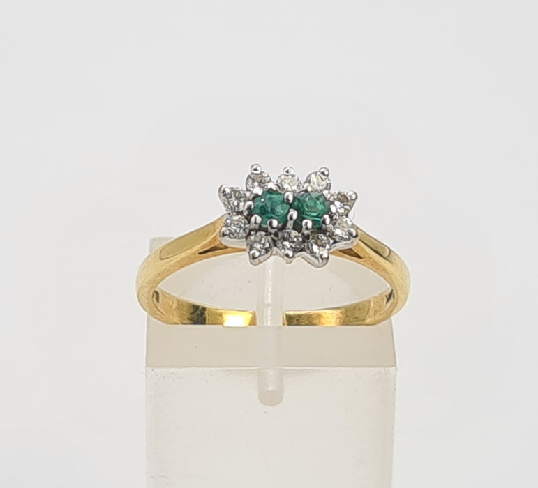 6079 Vintage: 18ct Gold Two Emeralds 10 Diamonds Dress Ring- From 1983- Rare