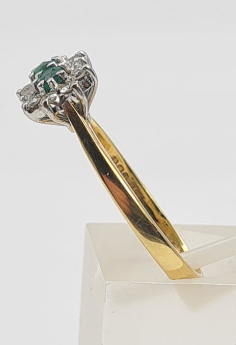 6079 Vintage: 18ct Gold Two Emeralds 10 Diamonds Dress Ring- From 1983- Rare