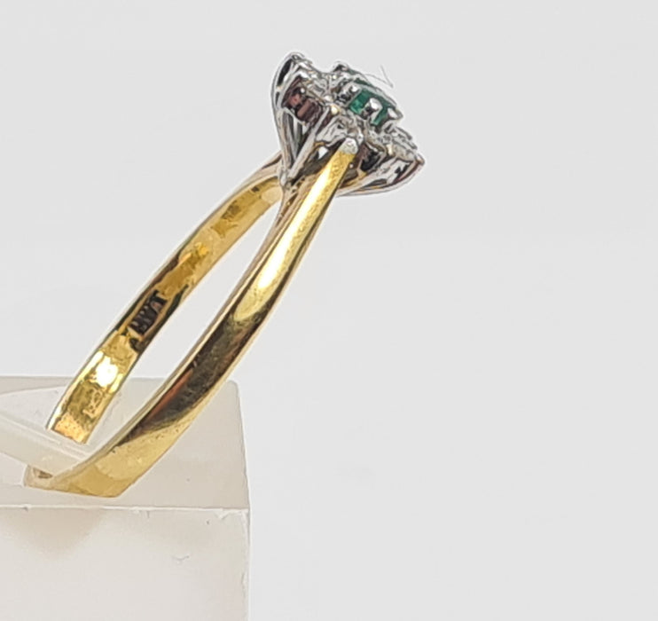 6079 Vintage: 18ct Gold Two Emeralds 10 Diamonds Dress Ring- From 1983- Rare