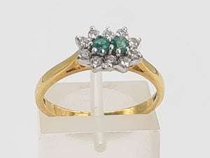 7418: Vintage (1983) Rare 18ct Gold Two Emeralds 10 Diamonds Dress Ring- lovely combination