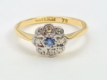 Load image into Gallery viewer, 7435- Vintage 18ct Gold Cornflower Blue Sapphire 8 Diamonds Platinum Set- Art Deco Daisy Ring
