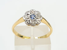 Load image into Gallery viewer, 7435- Vintage 18ct Gold Cornflower Blue Sapphire 8 Diamonds Platinum Set- Art Deco Daisy Ring
