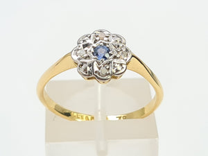 7435- Vintage 18ct Gold Cornflower Blue Sapphire 8 Diamonds Platinum Set- Art Deco Daisy Ring