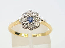 Load image into Gallery viewer, 7435- Vintage 18ct Gold Cornflower Blue Sapphire 8 Diamonds Platinum Set- Art Deco Daisy Ring
