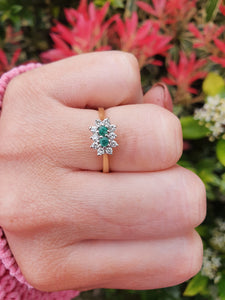 7418: Vintage (1983) Rare 18ct Gold Two Emeralds 10 Diamonds Dress Ring- lovely combination