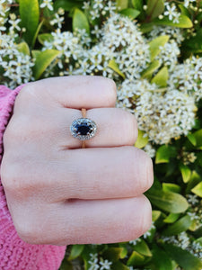 7371-Vintage Classic 18ct Gold French Blue Sapphires 10 Diamonds Halo Ring- fine example,  lovely sparkle