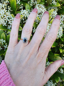 7371-Vintage Classic 18ct Gold French Blue Sapphires 10 Diamonds Halo Ring- fine example,  lovely sparkle