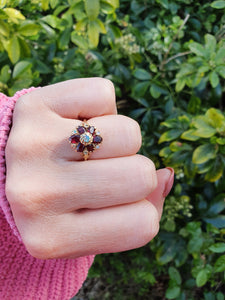 7368-Antique Rare: 14ct Gold Almandine Garnets Water Opals Flowerhead Cluster Ring- outrageous beauty