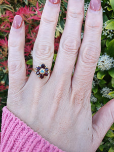 7368-Antique Rare: 14ct Gold Almandine Garnets Water Opals Flowerhead Cluster Ring- outrageous beauty