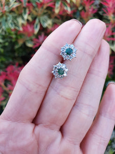 7375: Vintage Fabulous 18ct White Gold Emeralds 16 Diamonds Earrings- Captivating