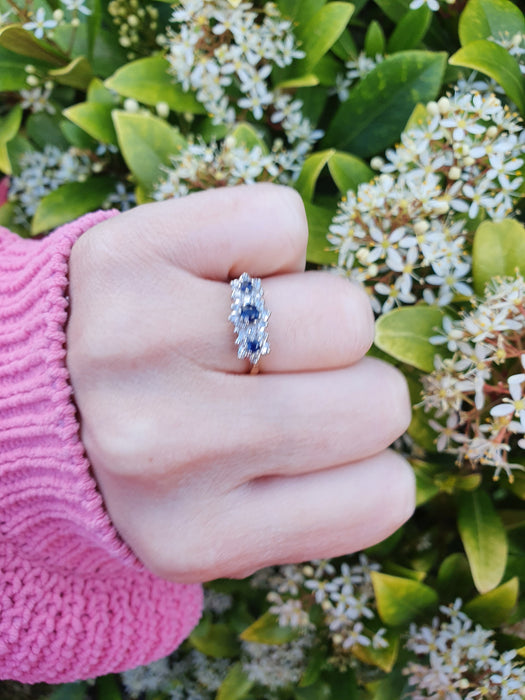 6144 Vintage: 18ct Gold French Blue Sapphires 18 Diamonds Dress Ring