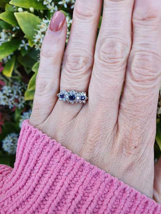6144 Vintage: 18ct Gold French Blue Sapphires 18 Diamonds Dress Ring
