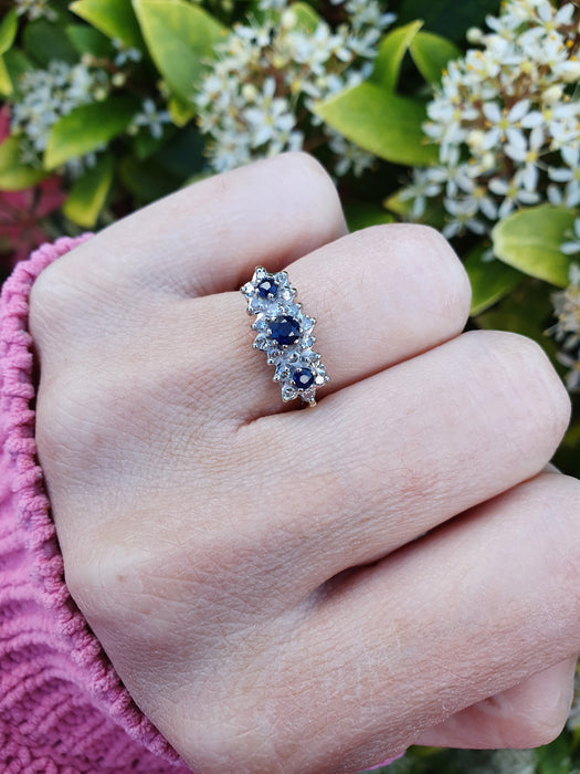 6144 Vintage: 18ct Gold French Blue Sapphires 18 Diamonds Dress Ring