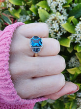 Load image into Gallery viewer, 0154:  Vintage: 9ct Gold Azure Blue Topaz Diamonds Cocktail Ring- FAB
