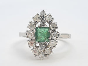 7409-Vintage: 18ct White Gold Emerald Diamonds Statement Cluster Ring- superb