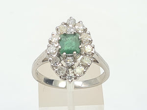 7409-Vintage: 18ct White Gold Emerald Diamonds Statement Cluster Ring- superb