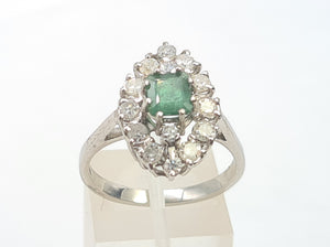 7409-Vintage: 18ct White Gold Emerald Diamonds Statement Cluster Ring- superb