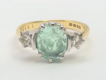 Load image into Gallery viewer, 7411-Vintage; (1973) 18ct Gold Emerald Full Cut Diamonds 3 Stone Ring- very fine example-
