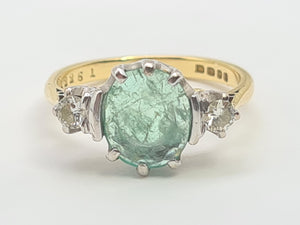 7411-Vintage; (1973) 18ct Gold Emerald Full Cut Diamonds 3 Stone Ring- very fine example-