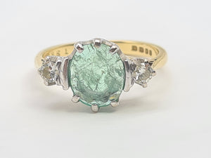 7411-Vintage; (1973) 18ct Gold Emerald Full Cut Diamonds 3 Stone Ring- very fine example-