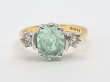 Load image into Gallery viewer, 7411-Vintage; (1973) 18ct Gold Emerald Full Cut Diamonds 3 Stone Ring- very fine example-
