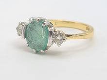 Load image into Gallery viewer, 7411-Vintage; (1973) 18ct Gold Emerald Full Cut Diamonds 3 Stone Ring- very fine example-
