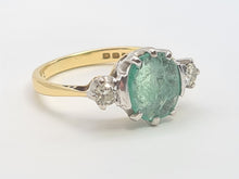 Load image into Gallery viewer, 7411-Vintage; (1973) 18ct Gold Emerald Full Cut Diamonds 3 Stone Ring- very fine example-
