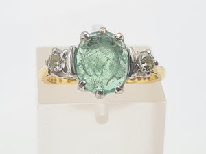 7411-Vintage; (1973) 18ct Gold Emerald Full Cut Diamonds 3 Stone Ring- very fine example-