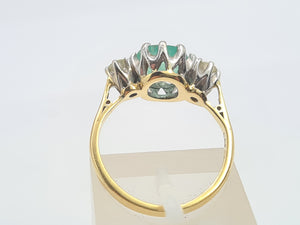 7411-Vintage; (1973) 18ct Gold Emerald Full Cut Diamonds 3 Stone Ring- very fine example-