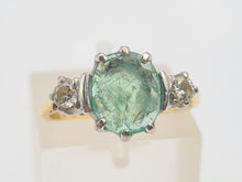 Load image into Gallery viewer, 7411-Vintage; (1973) 18ct Gold Emerald Full Cut Diamonds 3 Stone Ring- very fine example-
