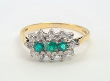 Load image into Gallery viewer, 7441- Vintage; (1982) 18ct Gold Emeralds Trilogy 12 Diamonds Dress Ring- lovely sparkling symmetry.
