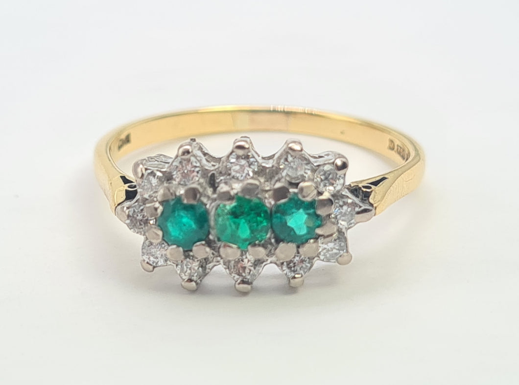 7441- Vintage; (1982) 18ct Gold Emeralds Trilogy 12 Diamonds Dress Ring- lovely sparkling symmetry.