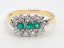 Load image into Gallery viewer, 7441- Vintage; (1982) 18ct Gold Emeralds Trilogy 12 Diamonds Dress Ring- lovely sparkling symmetry.
