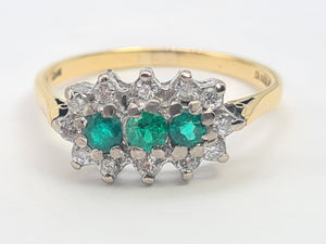 7441- Vintage; (1982) 18ct Gold Emeralds Trilogy 12 Diamonds Dress Ring- lovely sparkling symmetry.