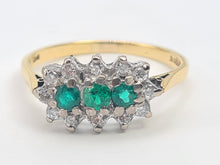 Load image into Gallery viewer, 7441- Vintage; (1982) 18ct Gold Emeralds Trilogy 12 Diamonds Dress Ring- lovely sparkling symmetry.
