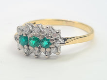 Load image into Gallery viewer, 7441- Vintage; (1982) 18ct Gold Emeralds Trilogy 12 Diamonds Dress Ring- lovely sparkling symmetry.
