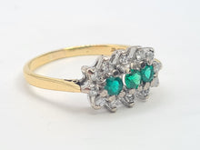 Load image into Gallery viewer, 7441- Vintage; (1982) 18ct Gold Emeralds Trilogy 12 Diamonds Dress Ring- lovely sparkling symmetry.
