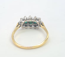 Load image into Gallery viewer, 7441- Vintage; (1982) 18ct Gold Emeralds Trilogy 12 Diamonds Dress Ring- lovely sparkling symmetry.
