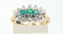 Load image into Gallery viewer, 7441- Vintage; (1982) 18ct Gold Emeralds Trilogy 12 Diamonds Dress Ring- lovely sparkling symmetry.
