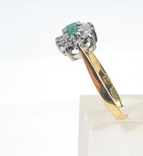 Load image into Gallery viewer, 7441- Vintage; (1982) 18ct Gold Emeralds Trilogy 12 Diamonds Dress Ring- lovely sparkling symmetry.
