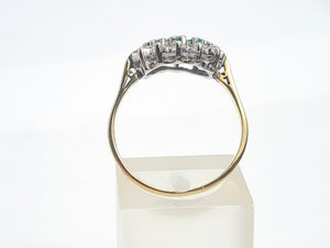 7441- Vintage; (1982) 18ct Gold Emeralds Trilogy 12 Diamonds Dress Ring- lovely sparkling symmetry.