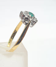 Load image into Gallery viewer, 7441- Vintage; (1982) 18ct Gold Emeralds Trilogy 12 Diamonds Dress Ring- lovely sparkling symmetry.
