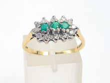 Load image into Gallery viewer, 7441- Vintage; (1982) 18ct Gold Emeralds Trilogy 12 Diamonds Dress Ring- lovely sparkling symmetry.
