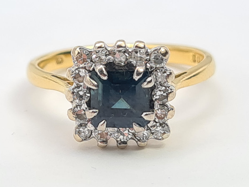 7448: Vintage: 18ct Gold Princess Cut Blue Sapphire 16 Diamonds Square Set Ring- Hallmarked London 1968