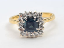 Load image into Gallery viewer, 7448: Vintage: 18ct Gold Princess Cut Blue Sapphire 16 Diamonds Square Set Ring- Hallmarked London 1968
